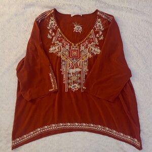 Solitaire Rust Orange Embroidered 3/4 Sleeve Rayon Flowy Boho Chic Blouse